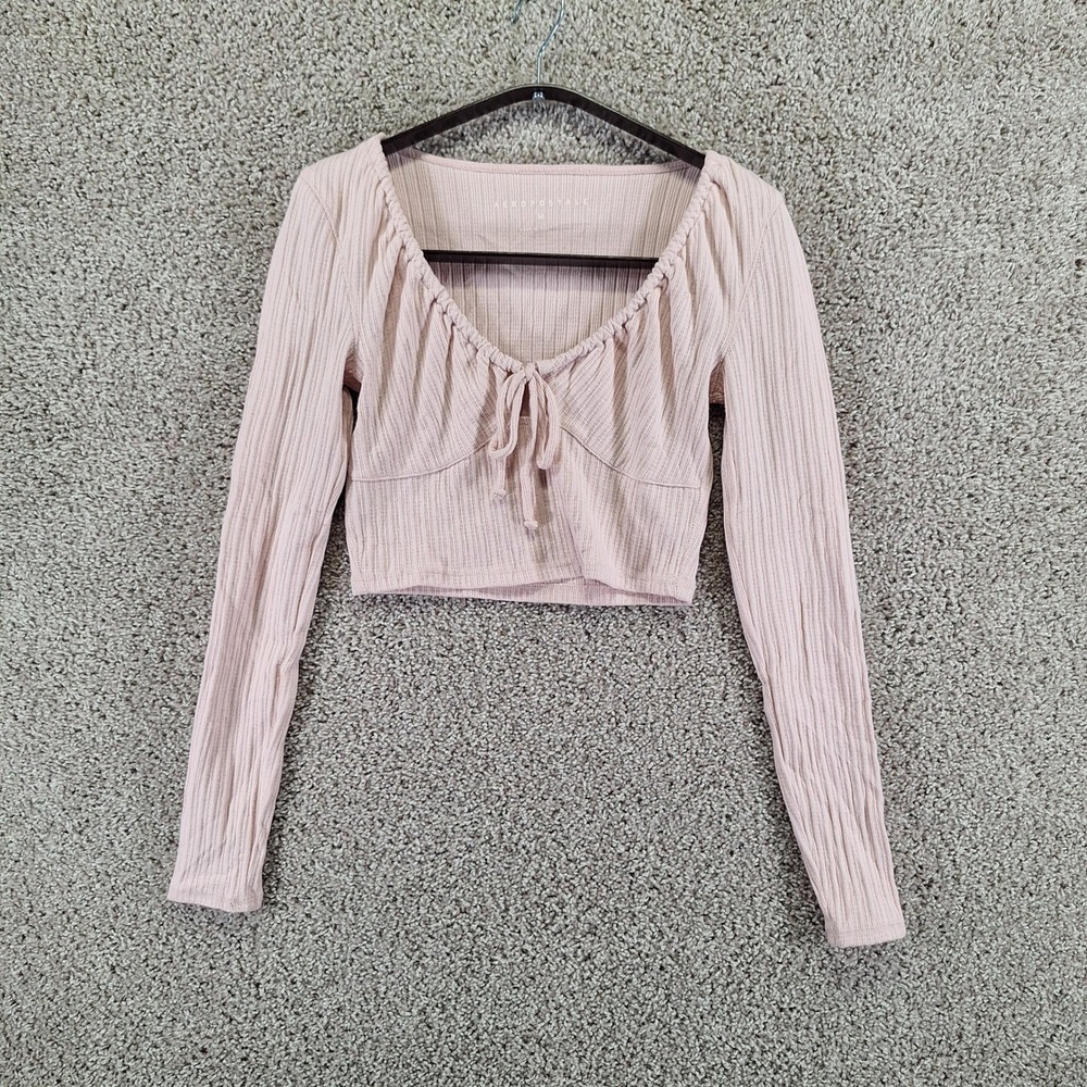 Aéropostale Crop Top Women's Medium‎ Pink Ribbed Textured Tie Front Deep V Neck
